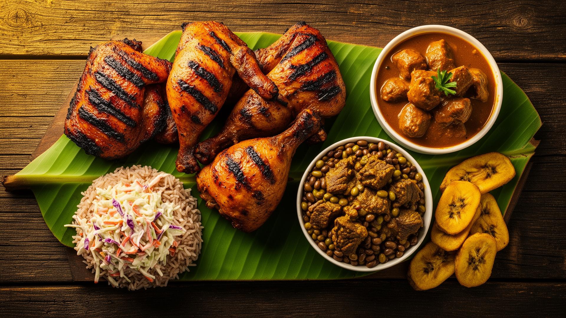 Authentic Jamaican meal spread